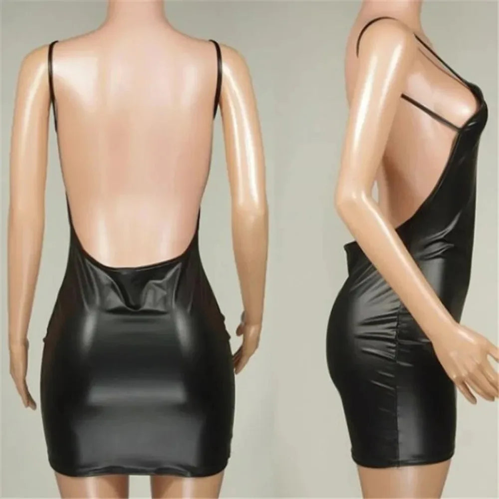 Midnight Temptation – Backless Leather Mini Dress